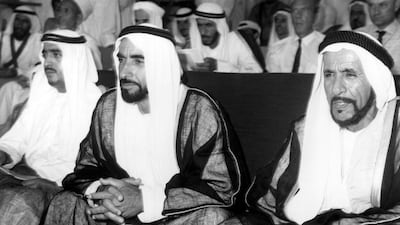 Sheikh Zayed Bin Sultan Al Nahyan during his attendance at the annual Grand Sports Festival held by Abu Dhabi Knowledge Department in the presence of His Highness Sheikh Khalifa Bin Zayed Al Nahyan and Sheikh Mohammed Bin Khalifa Al Nahyan, May 27, 1969.