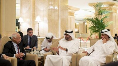 Sheikh Mohammed bin Zayed, Crown Prince of Abu Dhabi, and Sheikh Hazza bin Zayed, UAE National Security Advisor, meet with Dr Hazem El Beblawi, Prime Minister of Egypt at Emirates Palace after an agreement was signed. Ryan Carter / Crown Prince Court - Abu Dhabi
