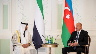President Sheikh Mohamed with Ilham Aliyev, President of Azerbaijan, at the administrative building of the Special Representative Office during an official visit to Azerbaijan. Mohamed Al Hammadi / UAE Presidential Court