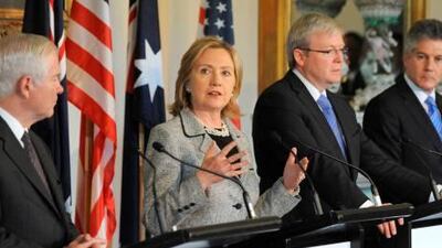 Hillary Clinton, the US secretary of state, speaks at a press conference yesterday with, left to right, Robert Gates, the US defence secretary, and their Australian counterparts Kevin Rudd and Stephen Smith.