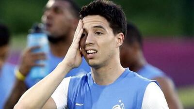 epa03281974 (FILE) Photo dated 14 June 2012 shows France's Samir Nasri during a training session of the French national soccer team at the Kirsha Training center in Donetsk, Ukraine. Samir Nasri could face a two-year ban from international duty, as the French Football Federation (FFF) discusses the midfielder's behaviour at Euro 2012 according to reports on 26 June. EPA/TOLGA BOZOGLU
