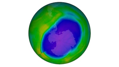 In this Nasa false-colour image, the blue and purple shows the hole in Earth's protective ozone layer over Antarctica on October 5, 2022. Photo: AP