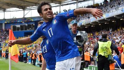 Italy forward Eder celebrates after scoring the only goal of the game against Sweden. Vincenzo Pinto / AFP