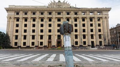 An unexploded rocket jammed in the centre of Freedom Square in Kharkiv. Getty Images