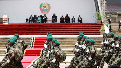 Members of Mozambique's Defence Forces march past the stage during the inauguration of Filipe Nyusi at the Independence Square in Maputo, on January 15, 2020. Roberto Paquete / AFP