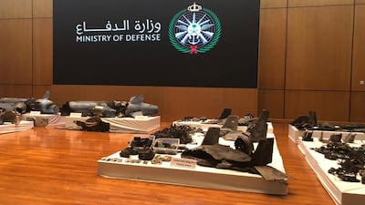 Drone wreckage said to be from the attack on the Aramco Aquaiq oil refinery sits on display during a Ministry of Defense news conference in Riyadh, Saudi Arabia, on Wednesday, September 18, 2019. Bloomberg