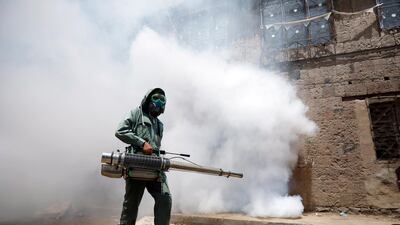 A Yemeni worker fumigates a neighbourhood as a precaution against the spread of the coronavirus Covid-19. EPA