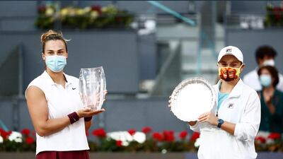 Aryna Sabalenka and Ashleigh Barty after the finla in Madrid. Reuters