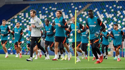 Chelsea players during their training session in Belfast.