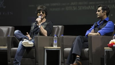 Shah Rukh Khan, left and Nawazuddin Siddiqui at Bollywood Parks on Saturday. Antonie Robertson / The National