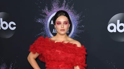 Katherine Langford, in Rodarte, arrives at the American Music Awards on Sunday, November 24, 2019, at the Microsoft Theatre in Los Angeles. AFP