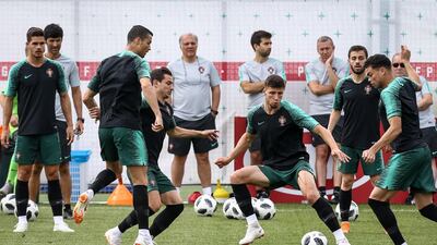 From left, Portugal's Andre Silva, Cristiano Ronaldo, Cedri Soares, Ruben Dias, Bernardo Silva and Pepe during the training session at the Kratovo training camp, which will be the Team Base Camp during the FIFA World Cup 2018 in Russia, Ramensky, Moscow, Russia, on June 19, 2018. Paulo Novais / EPA