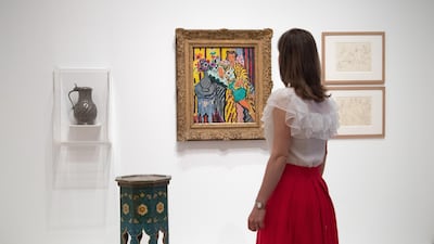 Works by Henri Matisse entitled (L-R) Jug, Small painted table (gueridon), Yellow Odalisque, Pewter Jug: Hinge Studies (top right) and Pewter Jug Studies during a press preview for the forthcoming exhibition Matisse in the Studio. Carl Court / Getty Images
