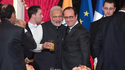 The French president Francois Hollande and Indian prime minister Narendra Modi at the Élysée Palace in Paris last year. David Niviere / AP Images