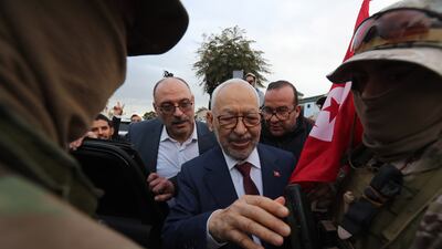 Rached Ghannouchi at the judicial police headquarters in Tunis in April last year. EPA