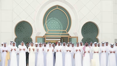 From left to right: Sheikh Nahyan bin Mubarak ,Sheikh Khaled bin Zayed, Sheikh Abdullah bin Zayed, Sheikh Mansour bin Zayed, Sheikh Hazza bin Zayed, Dr Farouq Hammada, Sheikh Mohammed bin Zayed, Sheikh Nahyan bin Zayed, Sheikh Saif bin Zayed, Sheikh Tahnoon bin Zayed, Sheikh Hamed bin Zayed, Sheikh Omar bin Zayed and Sheikh Abdullah bin Mohamed. Hamad Al Kaabi / Crown Prince Court - Abu Dhabi