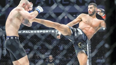 Mounir Lazzez lands a kick on Sasha Palatnikov in their welterweight fight. Victor Besa/The National