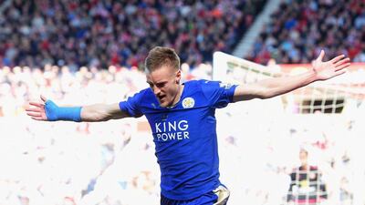 Jamie Vardy of Leicester City celebrates as he scores their first goal during the Premier League match between Sunderland and Leicester City at the Stadium of Light on April 10, 2016 in Sunderland, England. (Photo by Michael Regan/Getty Images)