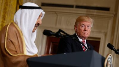 US president Donald Trump listens as the emir of Kuwait Shiekh Sabah Al Ahmad Al Sabah speaks during a joint news conference in the East Room of the White House on September 7, 2017. Jonathan Ernst / Reuters