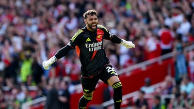 Arsenal goalkeeper David Raya celebrates after Kai Havertz's goal. Getty Images