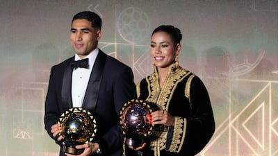 Morocco's Achraf Hakimi and Ghizlane Chebbak at Wednesday night's awards. AP