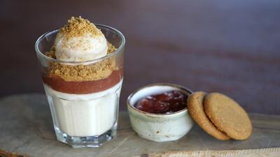 Rhubarb and custard buttermilk pudding with gingernut ice cream. Pawan Singh / The National