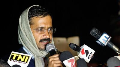 Arvind Kejriwal speaks to the media during a sit-in protest in New Delhi last month. He announced his resignation as Delhi’s chief minister on February 14 to protest the blocking of an anti-corruption bill. Prakash Singh / AFP