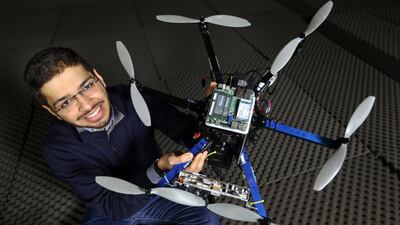 Talib Alhinai is part of a team studying innovative, occasionally outlandish uses for drones, including one that can ‘3D-print’ while hovering in mid-air. Stephen Lock for The National