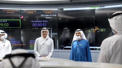 Sheikh Mohammed bin Rashid, Vice President and Ruler of Dubai, and Sheikh Mohamed bin Zayed, Crown Prince of Abu Dhabi and Deputy Supreme Commander of the Armed Forces, meet the Hope Probe team. Mohamed Al Hammadi / Ministry of Presidential Affairs
