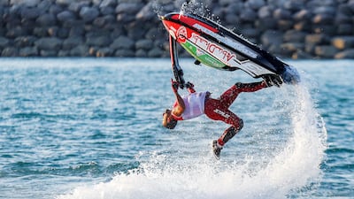UAE's Rashed al-Mulla competes freestyle during the UIM ABP-Aquabike World Championship in Kuwait City on November 13, 2021. (Photo by YASSER AL-ZAYYAT / AFP)