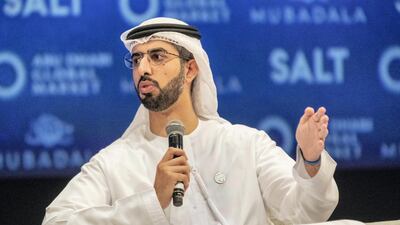 Omar Al Olama, Minister of State for Artificial Intelligence, speaks at the Salt conference in Abu Dhabi in December. Antonie Robertson / The National