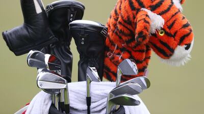 Tiger Woods' bag during a practice round prior to the 2020 PGA Championship at TPC Harding Park. AFP