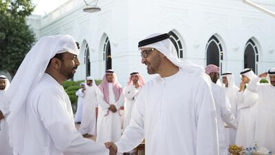 Sheikh Mohammed bin Zayed, Crown Prince of Abu Dhabi and Deputy Supreme Commander of the Armed Forces, greets an Armed Forces servicemen injured while serving the armed forces in Yemen. Seen during a Sea Palace barza. Ryan Carter / Crown Prince Court - Abu Dhabi