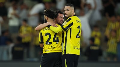 Al Ittihad's Abdulrahman Al Oboud of celebrates scoring in the Saudi Pro League match against Al Hazem. Getty Images