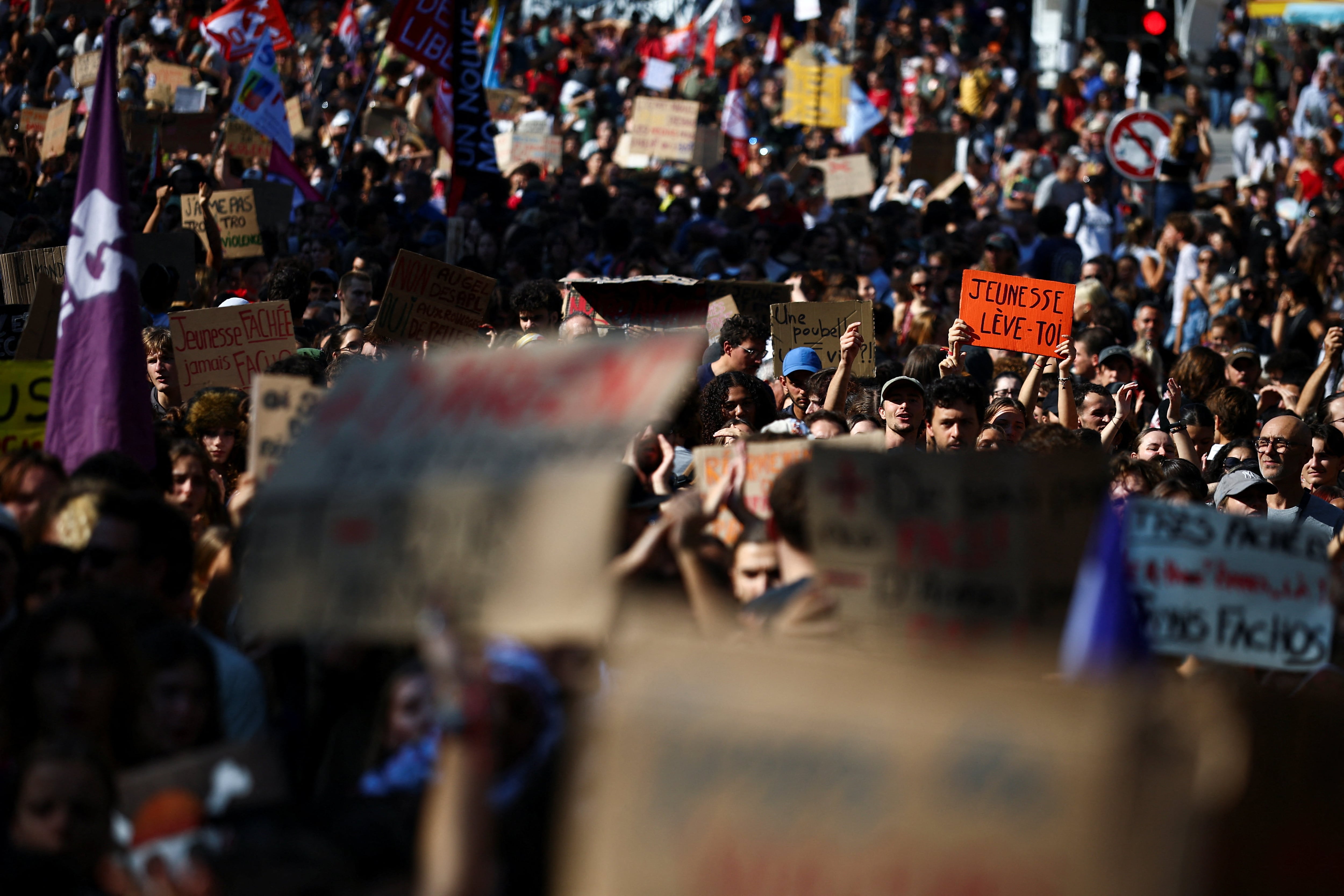 French high school pupils and university students attend a demonstration in Marseille. Reuters