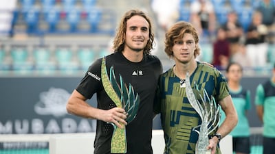 Winner Stefanos Tsitsipas, left, and runner-up Andrey Rublev at the Mubadala World Tennis Championship. Khushnum Bhandari / The National