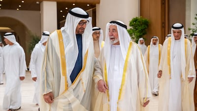 President Sheikh Mohamed with Sheikh Dr Sultan bin Muhammad Al Qasimi, Ruler of Sharjah, during an Eid Al Fitr reception at Mushrif Palace in Abu Dhabi. Abdulla Al Neyadi / UAE Presidential Court