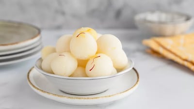 Rasgula, a Bengali sweet made from cheese curds, semolina and sugar syrup.
