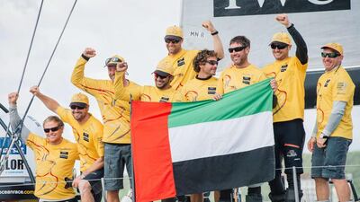 Abu Dhabi Ocean Racing flash the UAE flag as 20145/15 Volvo Ocean Race winners at the sailing epic's conclusion on Monday in Sweden. Jonathan Nackstrand / AFP