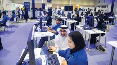 Sheikh Khaled bin Mohamed, member of the Abu Dhabi Executive Council and head of the Abu Dhabi Executive Office, attends the EmiratesSkills National Competition at the Abu Dhabi National Exhibition Centre