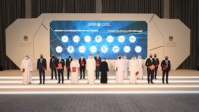 Dr Sultan Al Jaber, Minister of Industry and Advanced Technology, (centre) with Sarah Al Amiri, Minister of State for Advanced Sciences, during the launch of the UAE Industry 4.0 Programme at the Adnoc Business Centre, Abu Dhabi. Photo: Ministry of Industry Advanced Technology