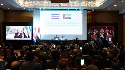 President Sheikh Mohamed witnesses the signing of the UAE-Costa Rica Cepa deal via video link from Al Shati Palace in Abu Dhabi. Photo: Presidential Court