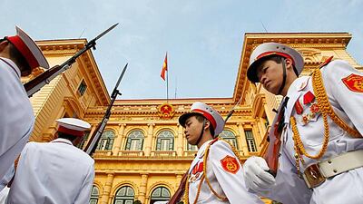 Soldiers march in front of the Presidential Palace before a welcoming ceremony for Denmark's Crown Prince Frederik in Hanoi, Vietnam. Kham / Reuters
