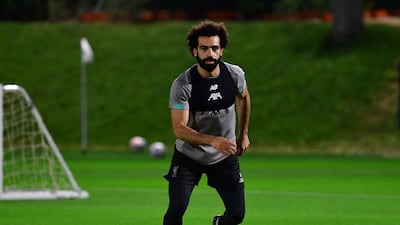 Liverpool's Egyptian midfielder Mohamed Salah takes part in a team training session at Qatar University stadium in the capital Doha on December 16, 2019, ahead of the December 18 FIFA Club World Cup football match against Mexico's Monterrey. / AFP / Giuseppe CACACE