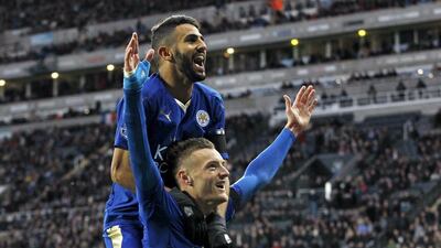 Jamie Vardy, celebrates with Riyad Mahrez, top, after Leicester City's 2-0 win over Sunderland. Craig Brough / Reuters