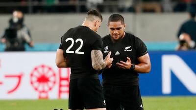 New Zealand's Muslim players Ofa Tuungafasi and Sonny Bill Williams pray after the All Blacks' 2019 Rugby World Cup quarter-final victory over Ireland. Reuters