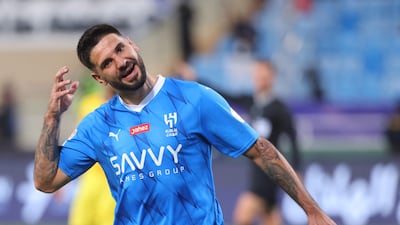 Al Hilal's Aleksandar Mitrovic celebrates scoring the opening goal against Al Hazm. AFP