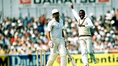 Malcolm Marshall, the West Indies fast bowler, takes the wicket of Imran Khan, the Pakistan all-rounder, in the 1983 World Cup semi-final at The Oval in London. West Indies won this particular exchange. Adrian Murrell / Allsport