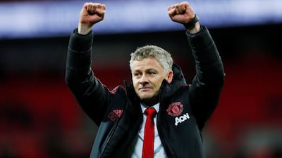 Manchester United interim manager Ole Gunnar Solskjaer celebrates at the end of the match against Tottenham Hotspur at Wembley Stadium, London. Reuters