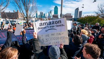 Protesters gather in Long Island City to say "No" to the Amazon "HQ2" decision. AFP